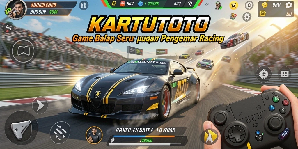 Screenshot gameplay KARTUTOTO menampilkan aksi balap yang intens dan mendebarkan.