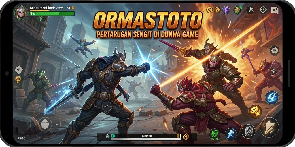 Tangkapan layar utama ORMASTOTO menunjukkan pertarungan yang intens di arena.