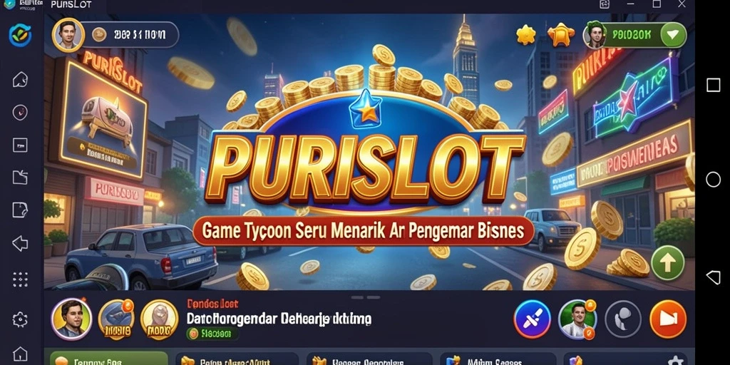 Screenshot gameplay PURISLOT menampilkan suasana bisnis yang dinamis.