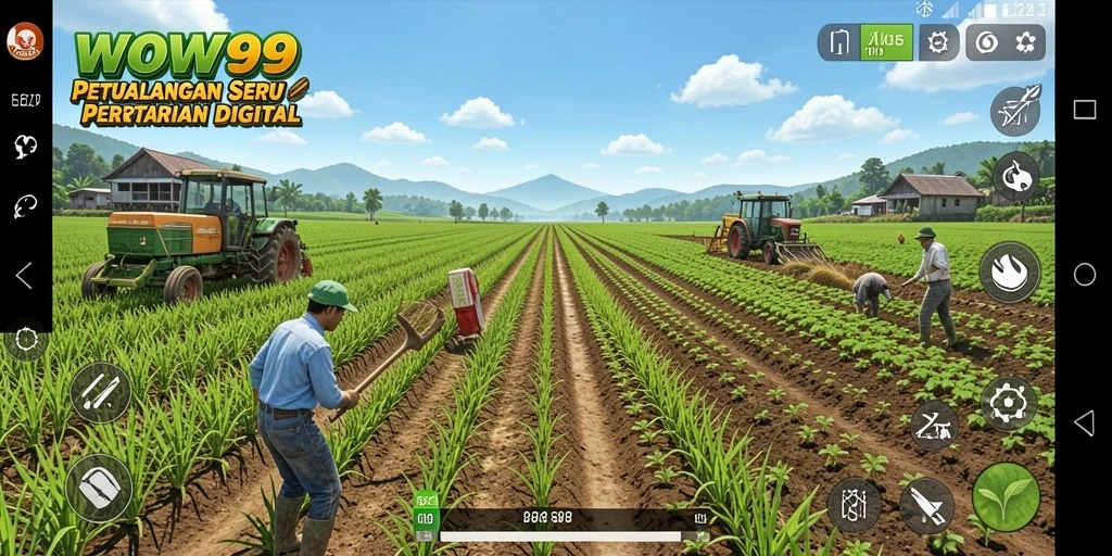 Screenshot gameplay WOW99 menampilkan ladang yang rimbun dengan berbagai tanaman dan hewan.